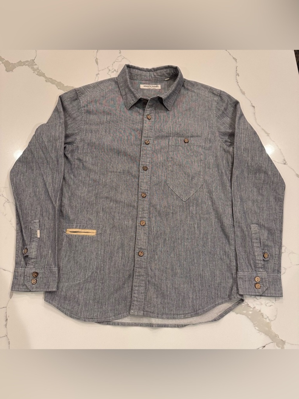 Anerkjendt Denmark Blue Gray Denim Button Up Shirt Mens M Pockets Casual Preppy